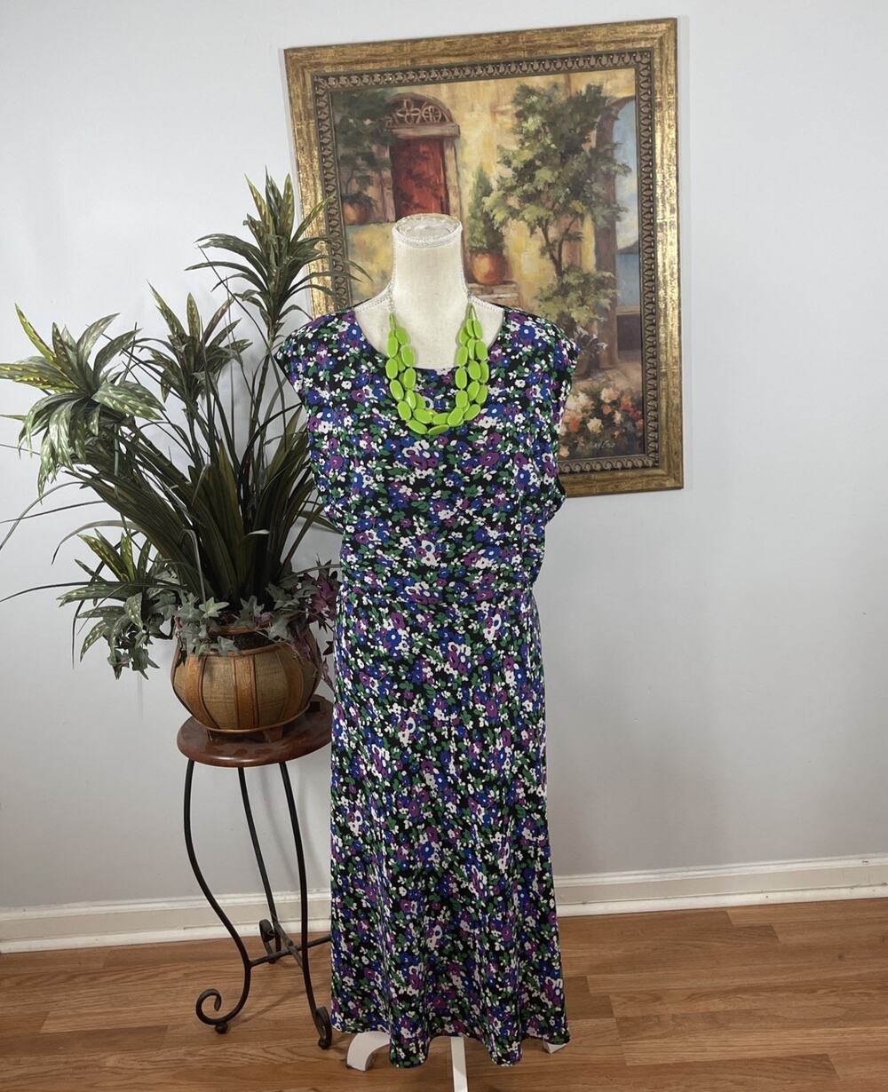 Lauren‎ Ralph Lauren Floral Maxi Dress Size 18 Black Purple Sleeveless A-Line